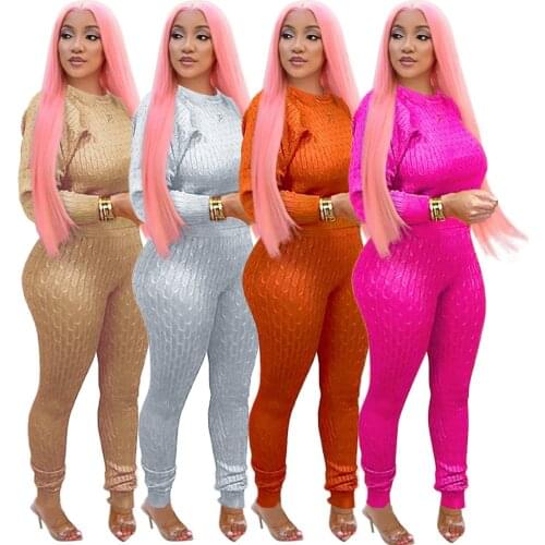 Casual Sweater Suit Tracksuit Women Two Piece Set O-neck Sweater + Long Pants Joggers Outfit Solid 4 Color