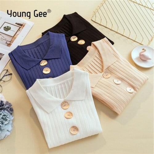 Young Gee Autumn Winter Sweater Women Long Sleeve Turn-down Collar Pullover Basic Sweaters 2019 Tops Shell Buttons Femme jumper