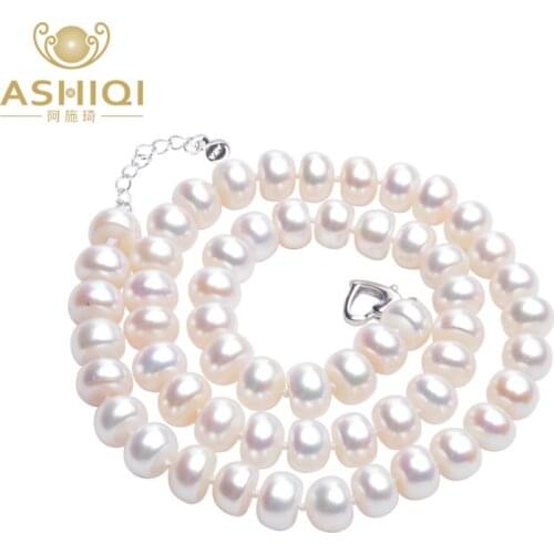 ASHIQI Real white Natural Freshwater Pearl Necklace Authentic semiround pearl jewelry for women gift