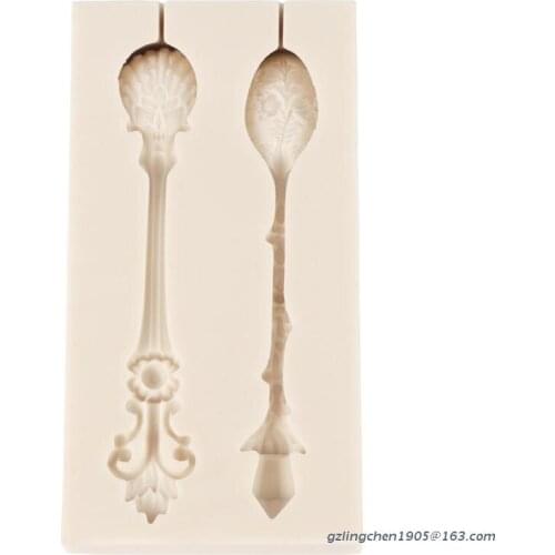 P8DE 1 Piece 2 Cavities Spoon Shaped Silicone Mold 3D Chocolate Fondant Mould Silicone Cupcake Fondant Cookie Decorating Mold