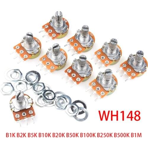 10pcs WH148 Linear Potentiometer 15mm Shaft With Nuts And Washers 3pin WH148 B1K B2K B5K B10K B20K B50K B100K B250K B500K B1M