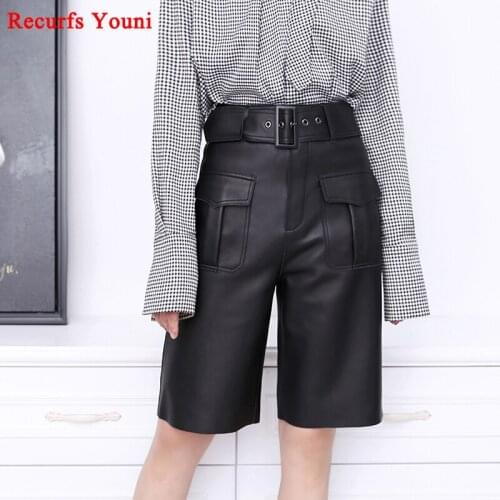 Autumn Genuine Leather Pants Women Straight Style High Waist Overalls With Belt Big Pocket Female Oversize White Casual Shorts