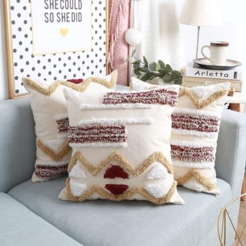 Nordic Style Throw Pillowcase Geometric Striped Embroidery Tufted Cushion Cover All-Match Home Office Sofa Car Soft Pillows Case