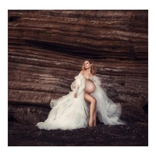 Extra Puffy Tulle Pregnancy Dresses Long Sleeves Appliques With Train Women Plus Size Photo Shoot Pregnancy Dressing Gowns