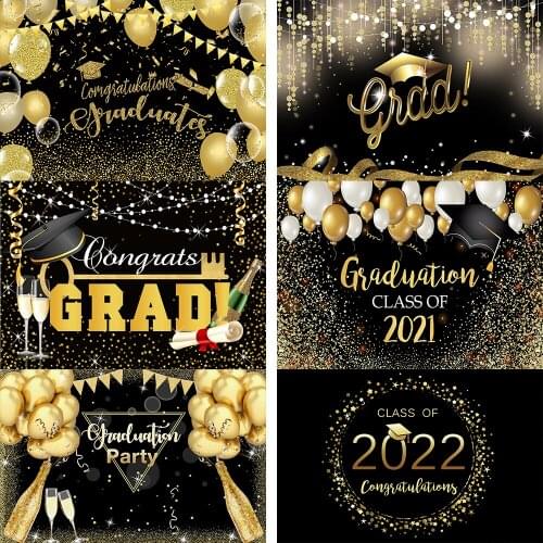 Class Graduation Photography Backdrop Congrats Grad Class of 2021 Graduate Golden Glitter Balloons Party Background Photo Studio