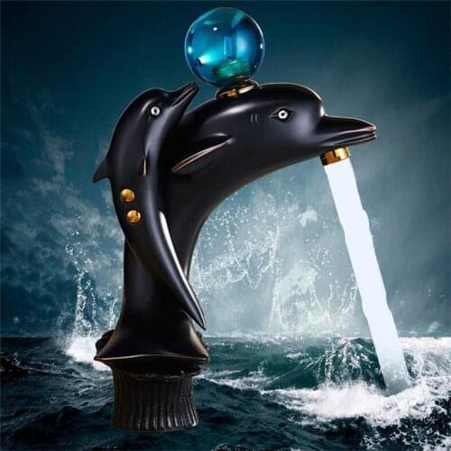 Basin Faucet Brass Bathroom Sink Mixer Tap Hot & Cold Faucet Deck Mounted Black Oil Brushed Lavatory Tap Dolphin Water Crane