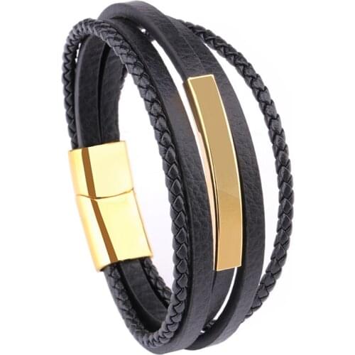Vanbula Fashion Retro Smooth Curved Brand Braided Stainless Steel Leather Cord Mens Bracelet Holiday Gift Bracelet Jewelry