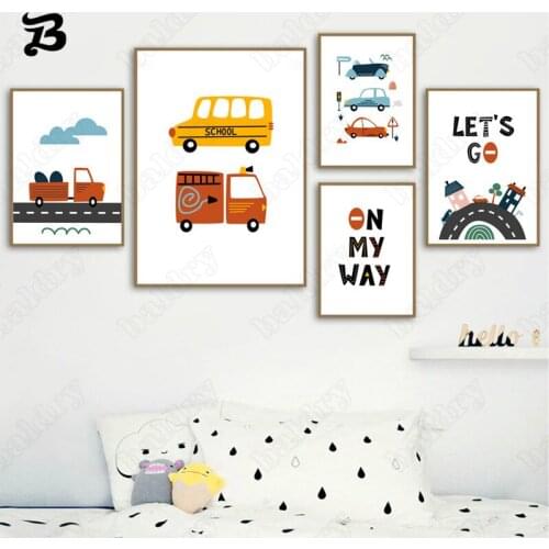 Wall Art Decor Cartoon Toy Drawing Car and English Alphabet Car Runway Kids Room Quality Canvas Painting Home Decor for Babyroom