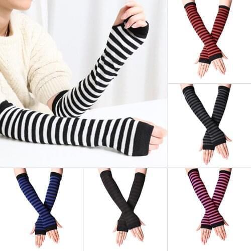 New Fashion Womens Long Glove Fingerless Arm Cover Classic Black and White Striped Fingerless Long Wristband Mittens Warmer