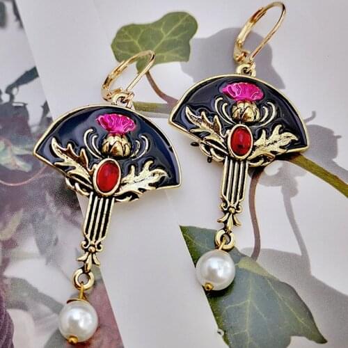 Tribal Rose Red Thistle Flower Pearl Earrings Ethnic Ancient Gold Fan Shaped Blossom Red Stone Earring Plant Jewelry