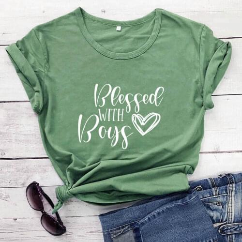 Blessed with Boys Printed New Arrival Womens Summer Funny Casual 100%Cotton T-Shirt Blessed Mom Lift Shirts Mom of Boys Shirt
