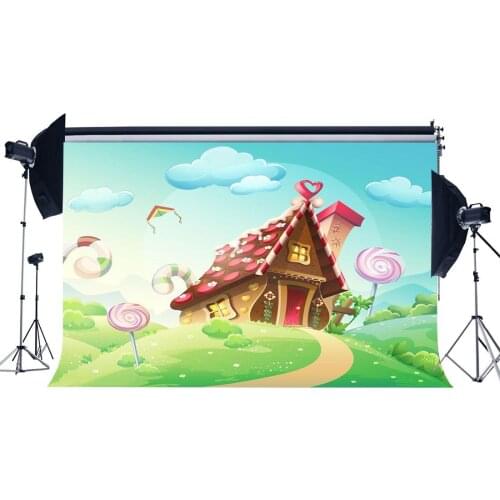 Fairytale Backdrop Gingerbread House Backdrops Candy Lollipops Green Grass Meadow Cartoon Background