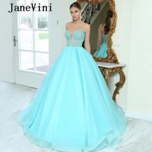 JaneVini 2020 Sexy Mint Green Plus Size Prom Dress Ball Gown Sweetheart See Though Sleeveless Luxury Beaded Dubai Prom Dresses