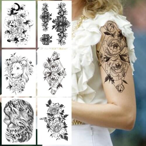 Flower Geometry Temporary Tattoo For Women Girls Lion Fake Fox Tattoos Sticker Black Peony Dahlia Self Adhesive Disposable Tatoo