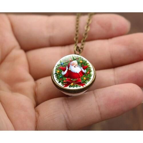 WG 1pc Fshion Santa Claus Double-sided Glass Ball Time Gem&stone Cabochon Necklace Pendant Jewelry Accessories For Frienship