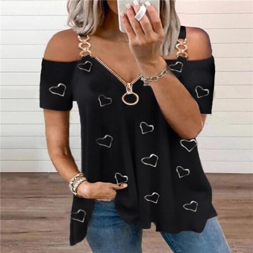 Sexy Low-cut Tee Women New Summer T-shirt Zipper Solid Color Tops Simple Off-shoulder Short-sleeved T-shirts 2021 New Tops