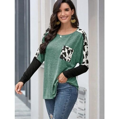 Women Leopard Patchwork Tee Shirts Long Sleeve Casual Tops Female O-neck Tee Autumn Pocket T-shirt Raglan Sleeve Tops Tee