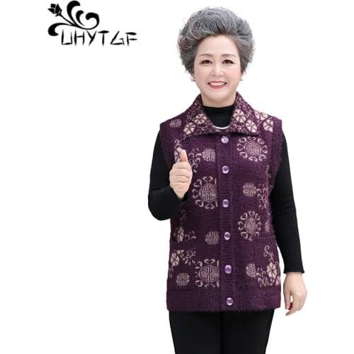 UHYTGF Spring autumn vests women fashion knitted cardigan Sweater vest coat sleeveless warm 4XL plus size waistcoat female 1128
