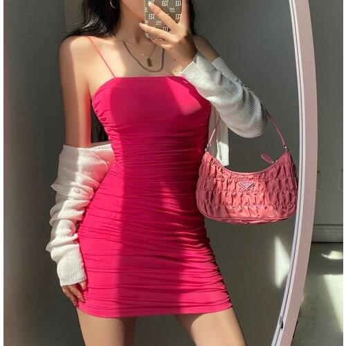 2021 Summer One-Line Neck Tube Top Strap Dress Feminine Nightclub Party Pink Mini Dress European Style Stretch Slim Fit S646