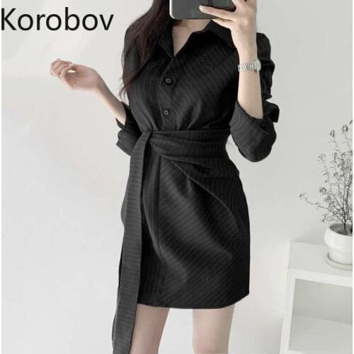 Korobov OL Turn-Down Collar Women Dress Korean Vintage Sstriped Long Sleeve Female Dresses 2020 New Chic Lacing Robe Femme