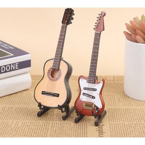 1 PC 1/6 Dollhouse Miniature Wooden Electric Guitar With Stand Model Instrument Toy