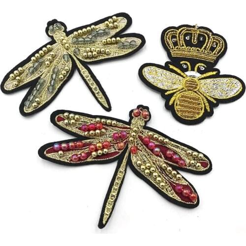 3D Handmade Crown Bee Dragonfly Embroidery Beaded Patches for Clothing，Used for DIY Bag Cap Shoes Decoration