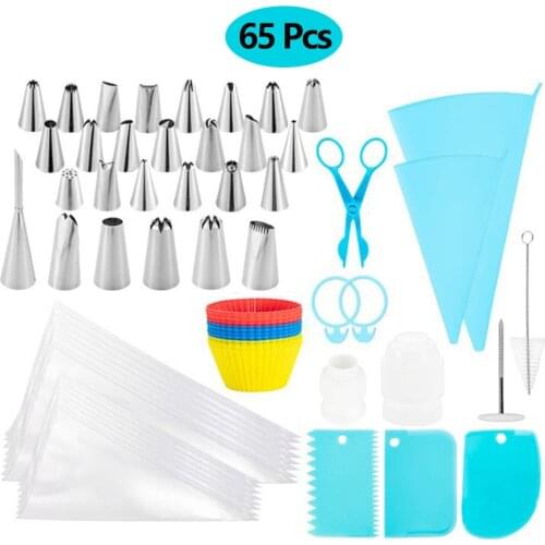 65Pcs/Set DIY Cake Decorating Tips Set Silicone Kitchen Accessories Icing Piping Cream Pastry Bag Stainless Steel Nozzle Set