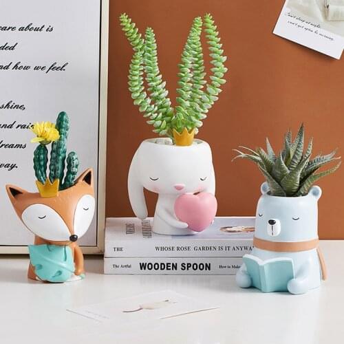 Home Garden Decoration Succulent Planter Cartoon Animal Flower Pots Cute Fox Rabbit Figurines Flowerpots Miniature Model Crafts