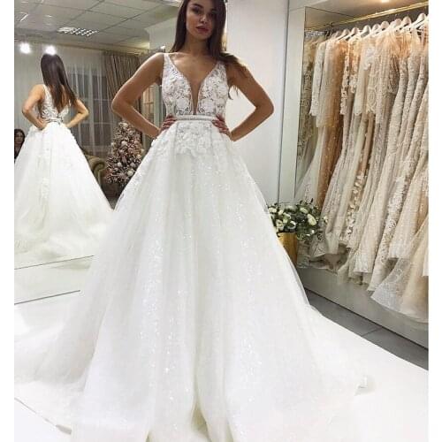 JIERUIZE Vintage Lace Appliques Shiny Luxury Wedding Dresses Deep V-neck Backless Bride Dresses Wedding Gowns robe de mariee