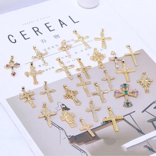Juya Handmade Luxury Gold Christian Cross Charms Accesories For DIY Women Men Religious Rosary Pendant Jewerly Making Supplies