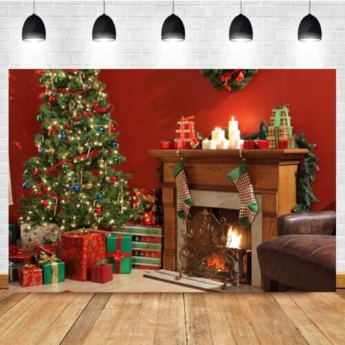 Laeacco Christmas Tree Socks Fireplace Gift Newborn Birthday Photo Photography Background Photographic Backdrop For Photo Studio