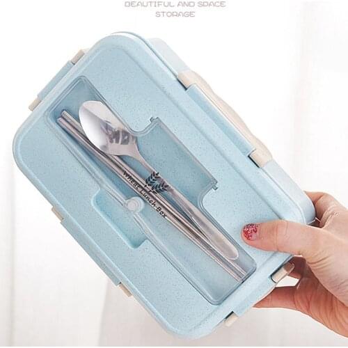 Microwave Bento Stainless Steel Lunch Box containers with compartments Spoon Chopsticks Wheat Straw Food Storage Container