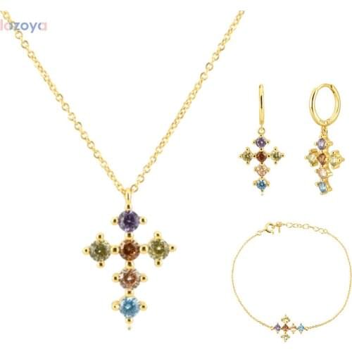 Lozoya 925 Sterling Silver Piercing Ohrringe Gold Rainbow Cross Zircon CZ Hoops Pendiente Bracelet Necklace Jewelry Set Luxury