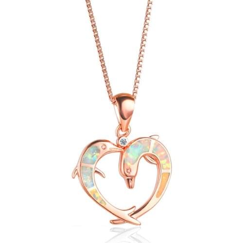 Fashion Double Dolphin Heart Necklace for Women Accessories Statement Jewelry Cute White/Blue Imitation Opal Necklace