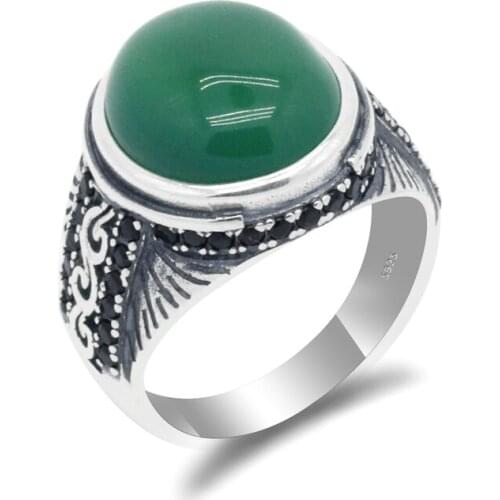 Signet Ring For Men 925 Sterling Silver Ring With Natural Agate Stone Exquisite Design Black CZ Stone Wedding Ring Fine Jewelry