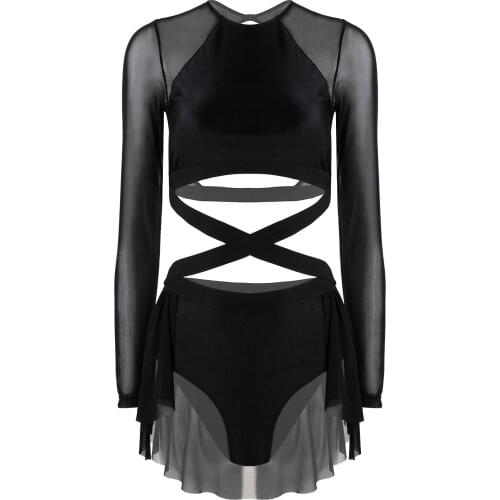 New Women Ballet Dress Mesh Long Sleeve Cross Front Dance Dress Performance Costume One-Piece Backless Padded Tops Briefs Skirt
