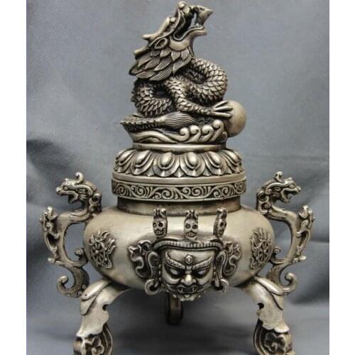 Song voge gem S0062 11 Tibet White Copper Silver Dragon Ears Dragons Mahakala incense burner Censer