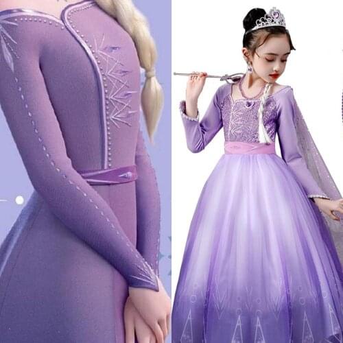 Girls Elsa Anna Long Hair Tangled Princess Dress Sequins Fancy Cosplay Costume Purple Ball Gown Christmas Birthday Party kids