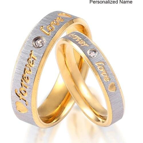 RIR Custom Name Gold Forever Love Wedding Rings Couple Eternity Engagement Heart and Crystal Men Women Ring In Stainless Steel