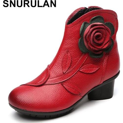 SNURULAN 2017 New Folk Style Floral Female Shoes Winter Comfortable Genuine Leather Ankle Boots for Women All Match Retro Boots
