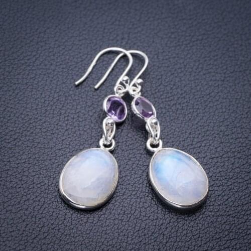 StarGems Natural Rainbow Moonstone And Amethyst Handmade 925 Sterling Silver Earrings 1.75" E1423