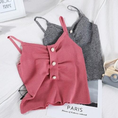 OUMEA Knitted Cami Tops Summer Spaghetti Strap Knit Crop Top Pearl Buttons Front Ruched V Neck Skinny Camisole Women Crop Tops