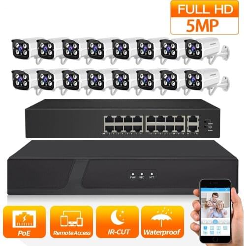 ZGWANG H.265 16CH 5MP POE Security Camera Kit System HD CCTV DVR IR 16PCS Outdoor Waterproof CCTV Video Surveillance NVR Set