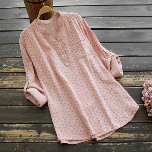 New Autumn Literary Print Long Sleeve Cotton Shirt Women Casual V-Neck Loose Pullover Tops Mori Girl 2020