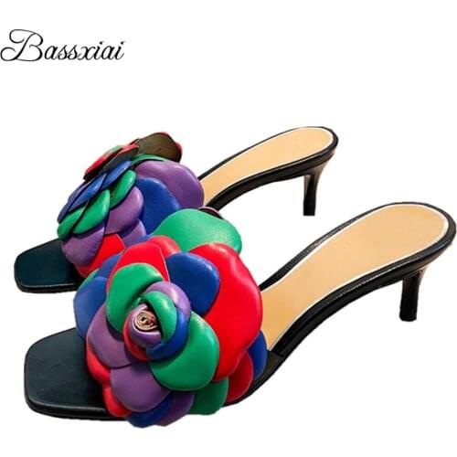 Sexy Kitten Heel Slingbacks Mules For Girls Lady Open Toe Genuine Leather Flower Slip-on Summer Sandals Women