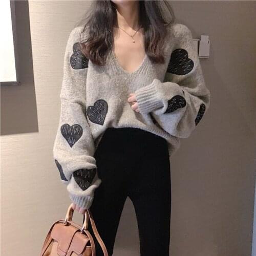Off The Shoulder Autumn Sweater For Women Heart Knitted Female Tops Long Sleeve Pullover Oversize Sweaters