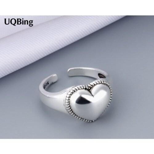 Vintage 925 Silver Glossy Big Heart Shape Women Finger Rings Wholesale