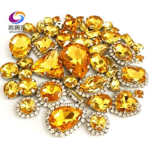 Golden yellow color Mix size Crystal buckle+claw rhinestone,Silver base galss sew on stones diy/Clothing accessories 50pcs/pack