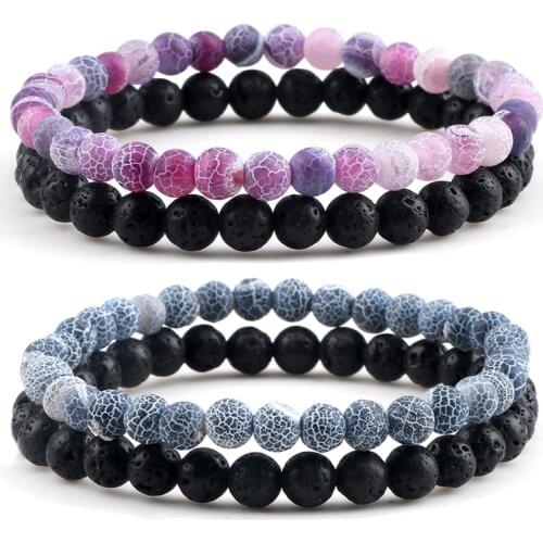 2Pcs/Set Beads Bracelets&Bangle for Men Women 6mm Classic Natural Lava Weathered Stone Elastic Bracelet Couples Jewelry Pulseras