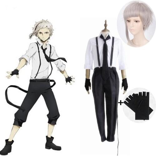 2020 Halloween Bungo Stray Dogs Atsushi Nakajima Cosplay Costumes Wigs Shirts Pants Tie Gloves Set Anime Clothing and wigs new